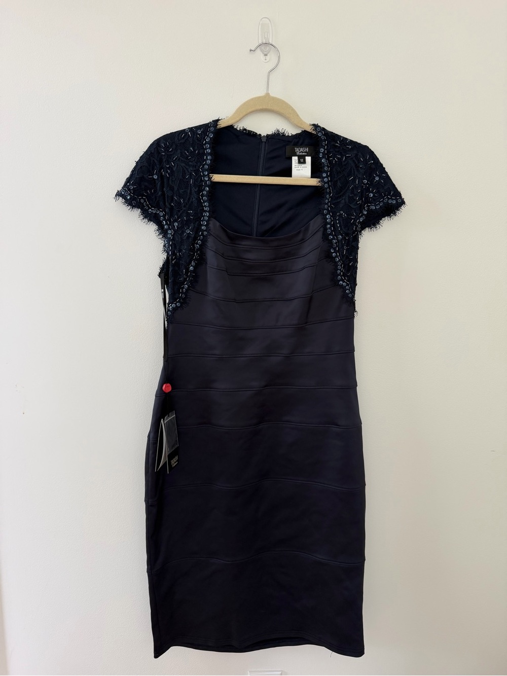 Tadashi Collection Navy Beaded Cap-Sleeve Sheath Dress (NWT, Size 12)
